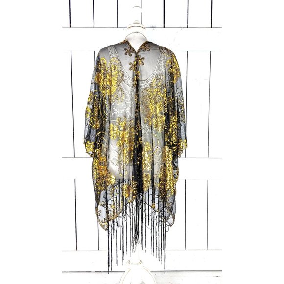 Gold black floral sequin sheer kimono cover up jacket - Picture 4 of 6
